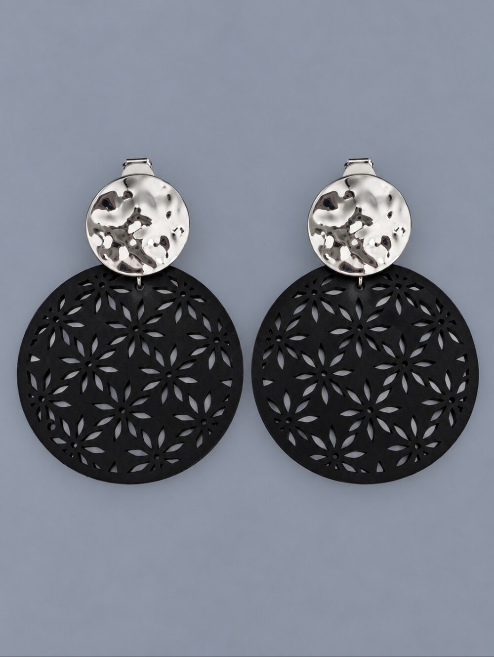 3/$30 Black & Silver Floral Cutout Drop Clip-on Earrings